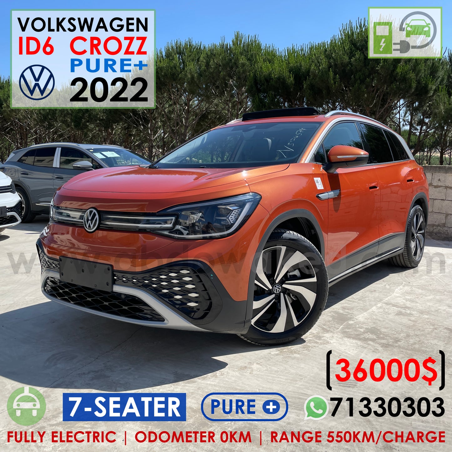 VW ID6 Crozz Pure+ 2022 7-Seater Lava Orange Color 550km Range/Charge Fully Electric Car (New - 0KM)